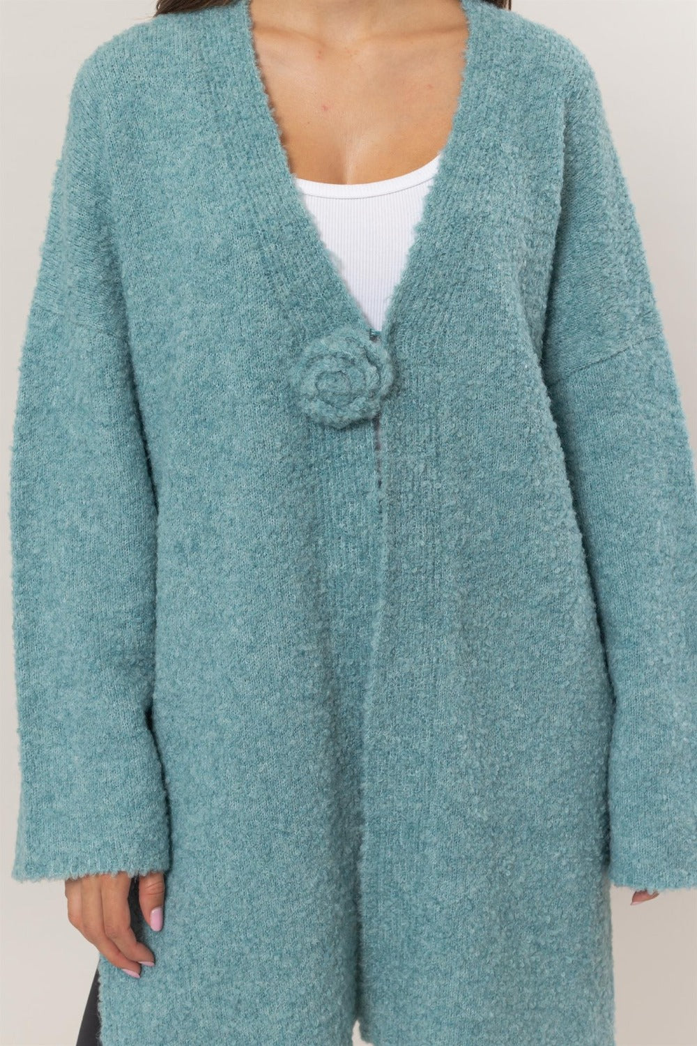 Maxct &HYFVE Front Rosette Longline Slit Sweater Cardigan