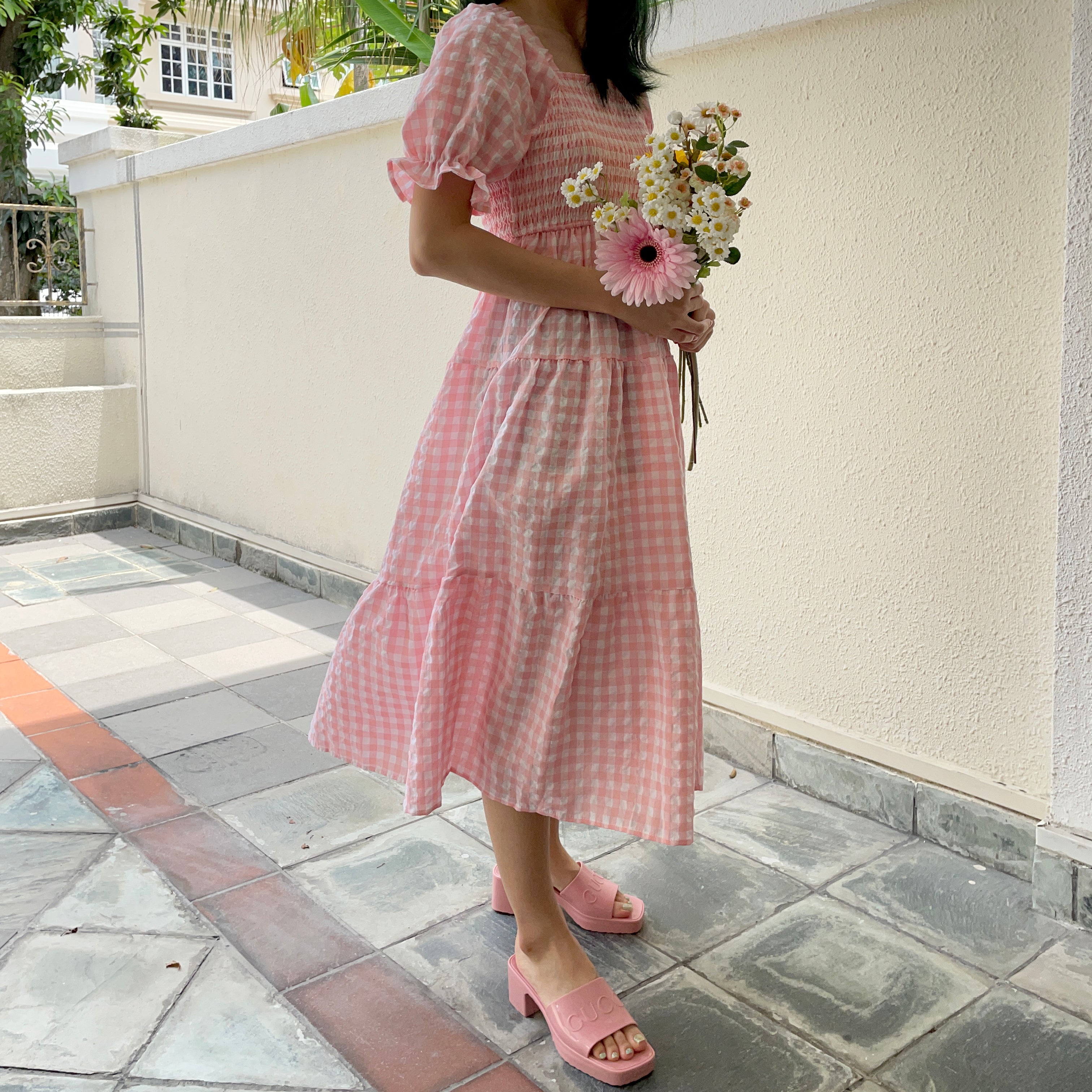 Puff Sleeve Gingham Tiered Dress Maxct