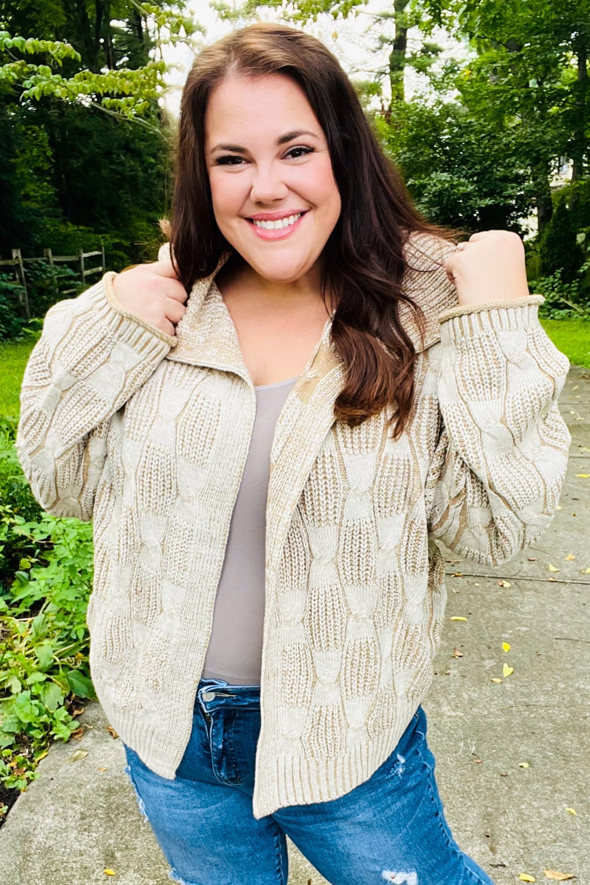 Maxct &Autumn Vibes Taupe Textured Cable Knit Collared Cardigan