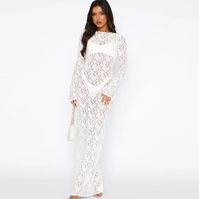 Foreign Trade New Hot Women's Sexy Hollow Lace Pattern Perspective Slim Long Dress