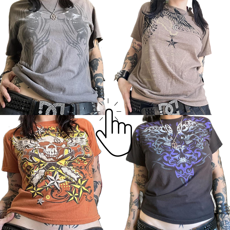 Harajuku Graphic Print Short Sleeve Tops Y2K Aesthetic Retro T-shirt Women Vintage Grunge Streetwear Summer Pullovers Tees