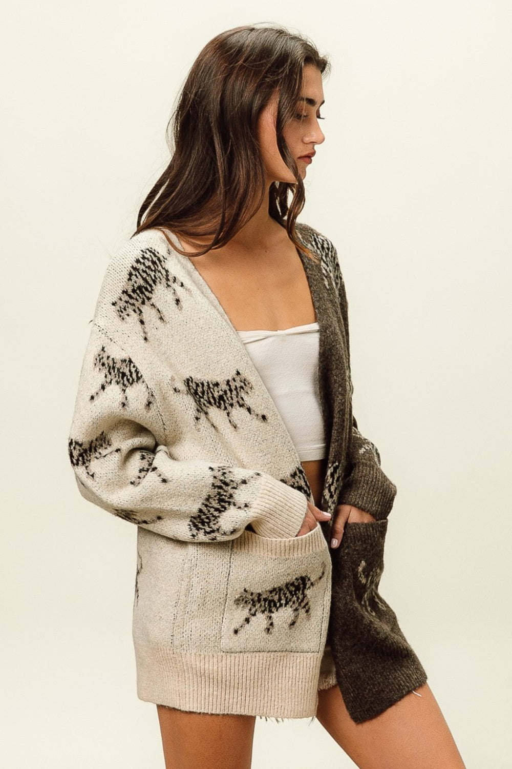 Maxct &BiBi Open Front Long Sleeve Contrast Cardigan