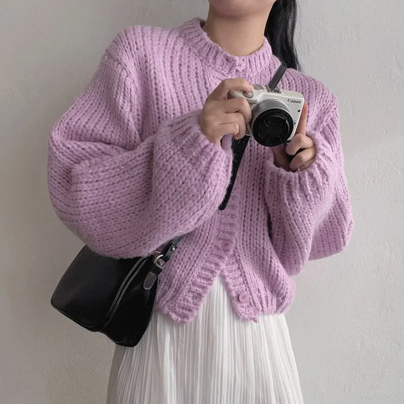 Maxct Round Neck Lantern Sleeve Knitted Cardigan