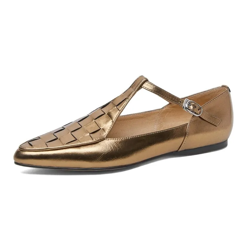 Woven Gladiator Sandals T Strap Mary Jane Flats Point Toe Maxct