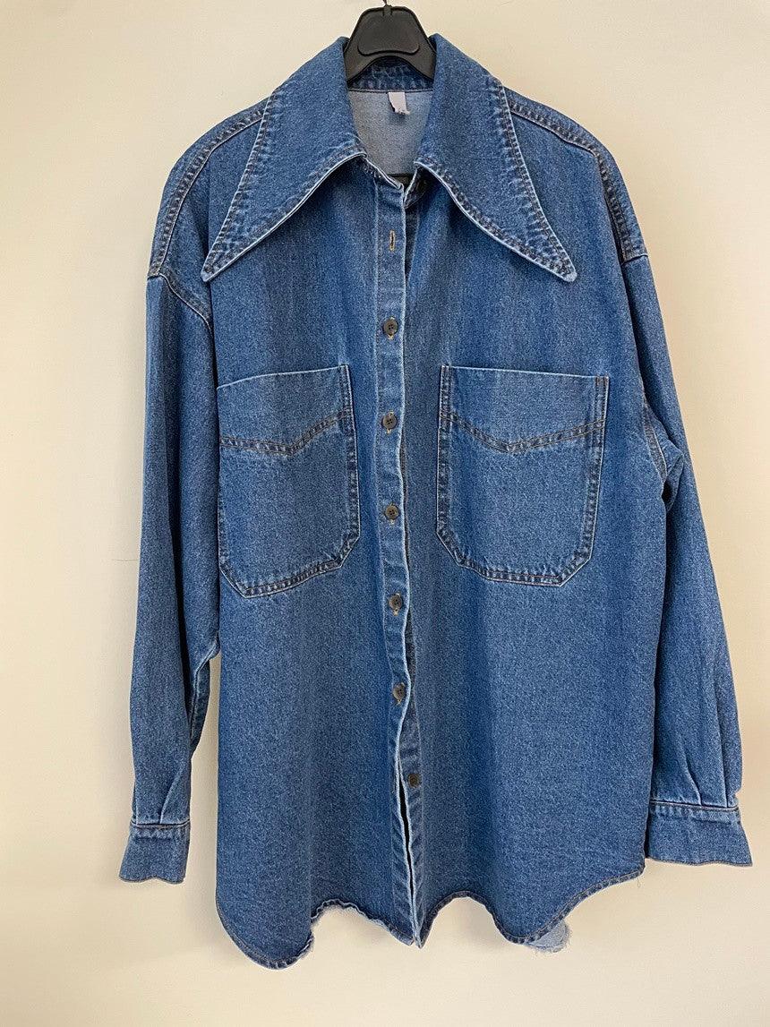 Maxct Vintage Large Collar Single Breasted Loose Denim Shirt