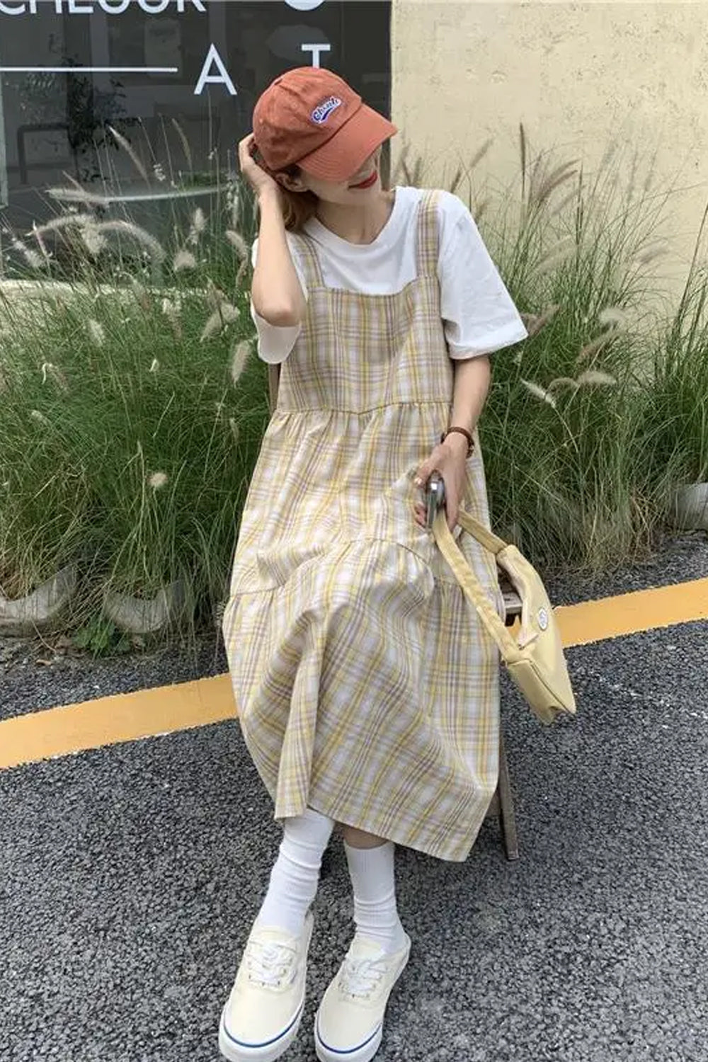 Square Collar Lovely Plaid Long Dress Maxct