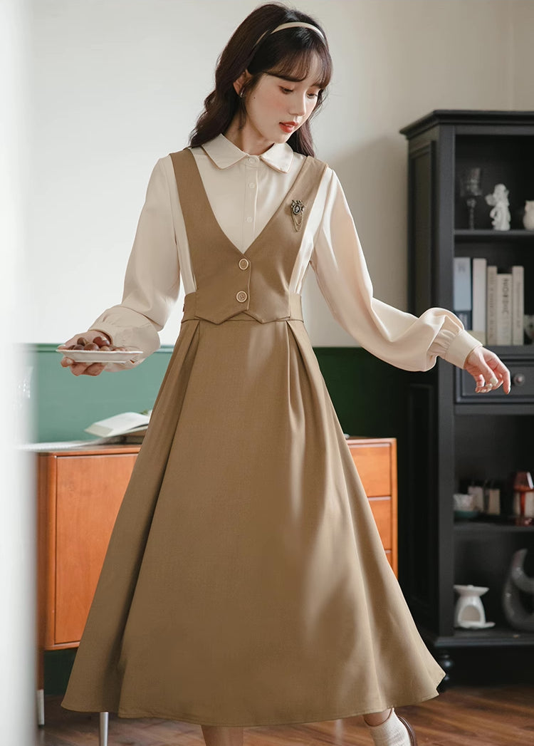 Basic Woven Vest Pinafore Dress / Blouse Maxct