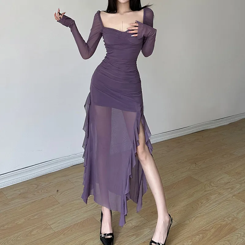 Y2k Gentle Temperament Ruffled Square Collar Slit Dress FeCross-Border Solid Color Long Sleeve Strap Wrapped Hip Long Dress