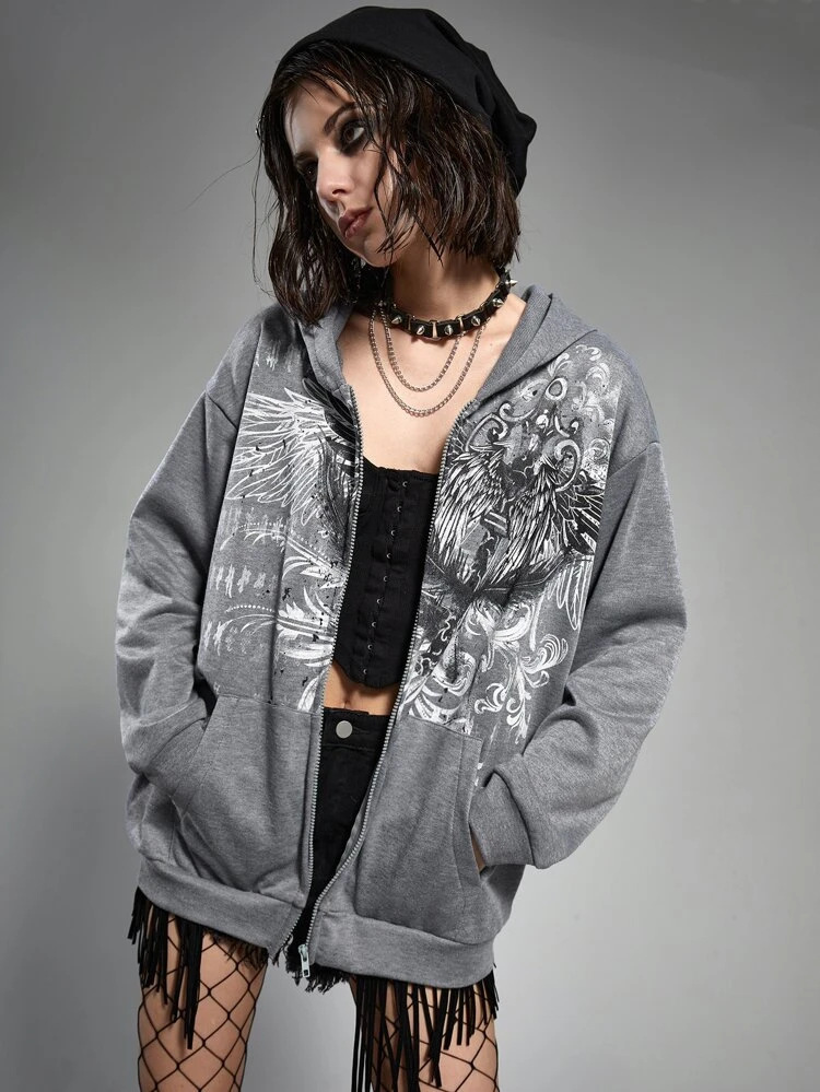 Zipper cardigan hooded European and American style Y2K retro loose version personalized street eagle print women's sweatshirt