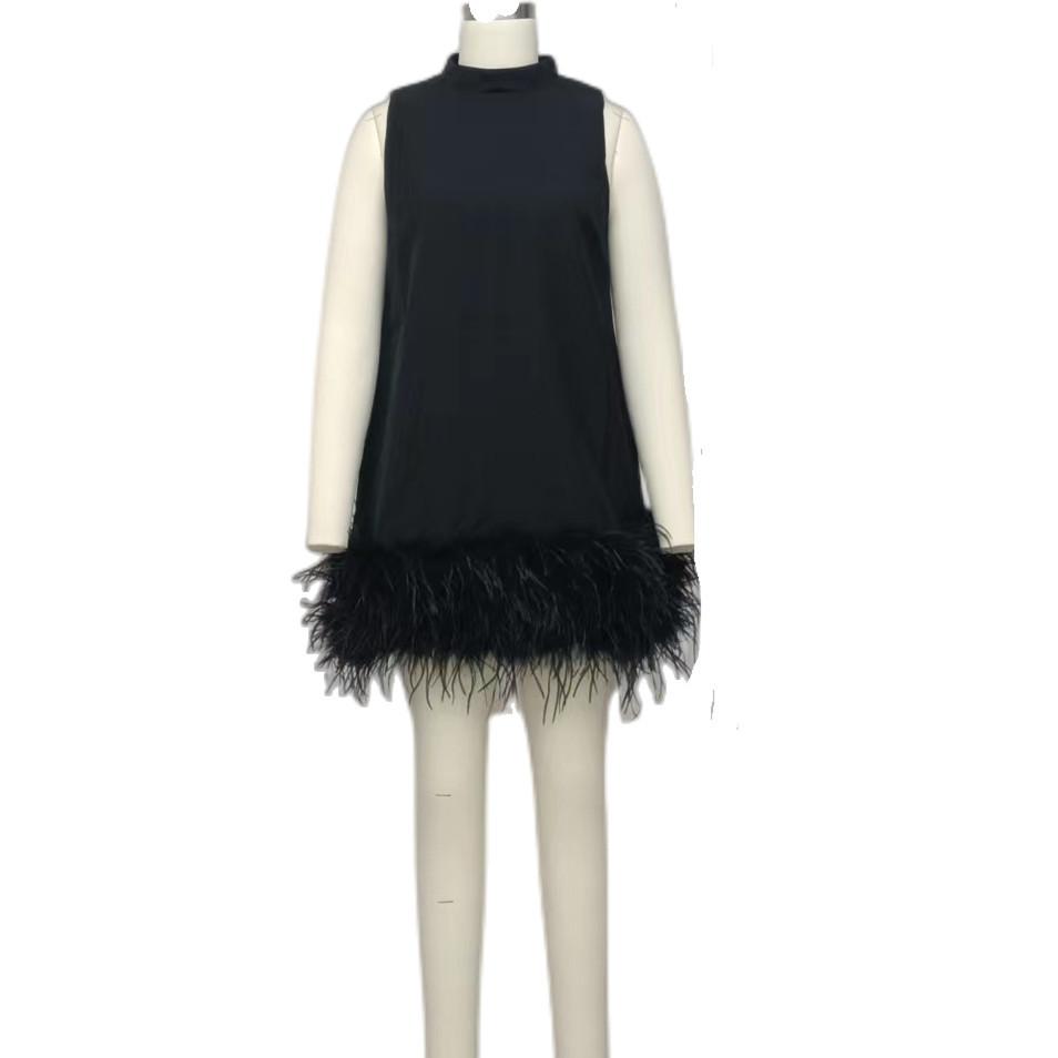 Maxct Australian Fashion Brand Design Sense Fashion Women's High Sense Spring Elegant Black Ostrich Hair Stitching Dress