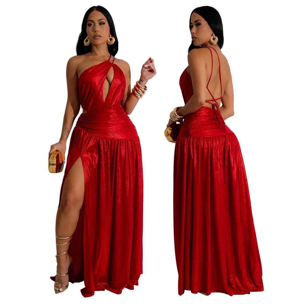 Maxct Cross-Shoulder Hollow-out High Slit Dress Sexy Sleeveless Long Dress Party Evening Dress Women's Dress
