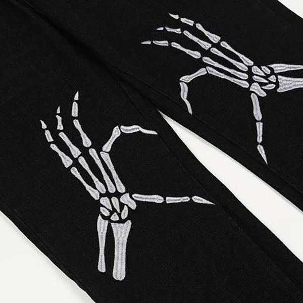 Skeleton Hands Embroidery Jeans Maxct