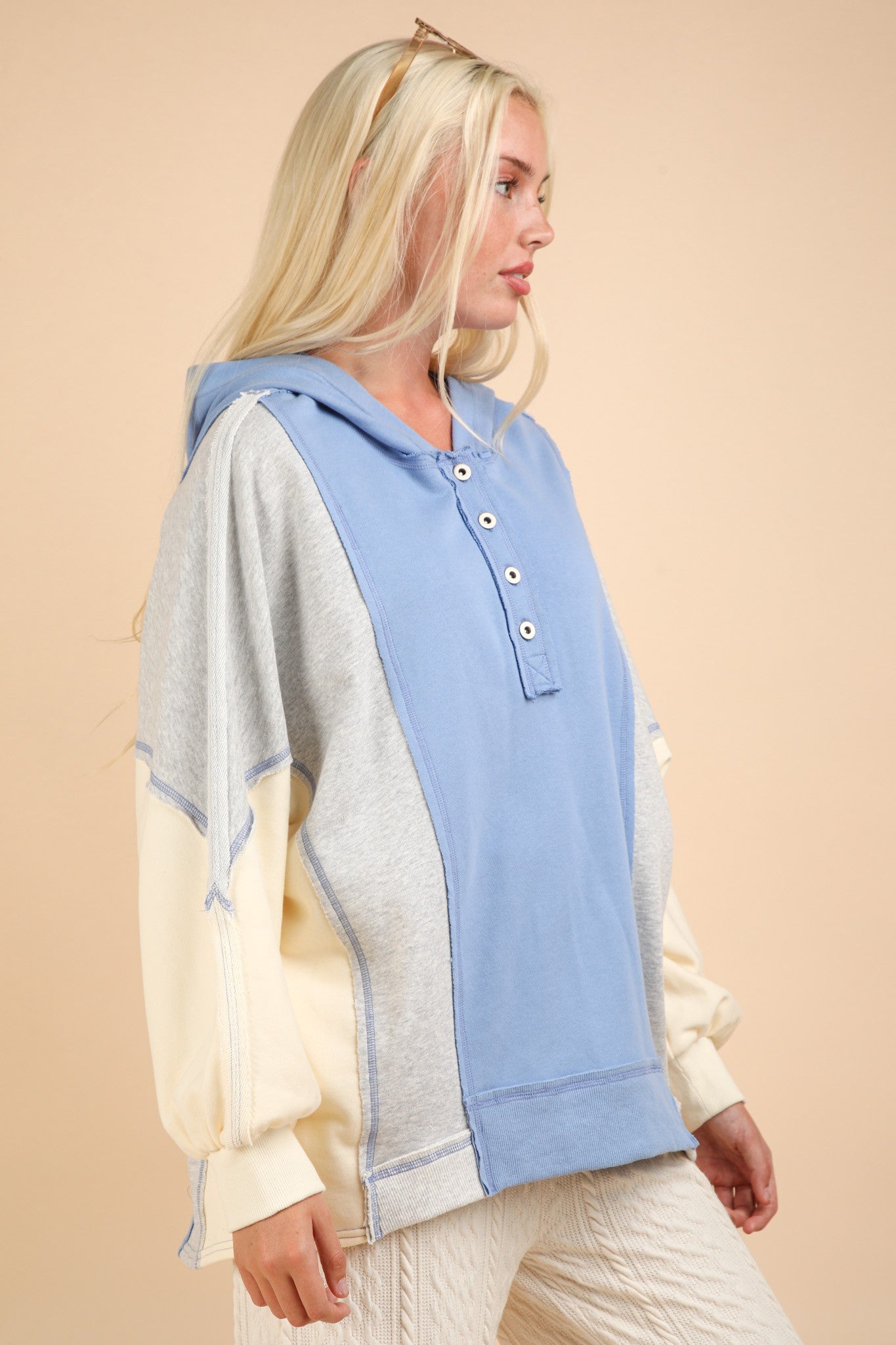 Maxct &VERY J Exposed Seam Color Block Half Button Hoodie