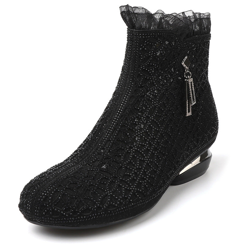 Fashion Rhinestones Hollow Out Thick Heel Short Boots for Women