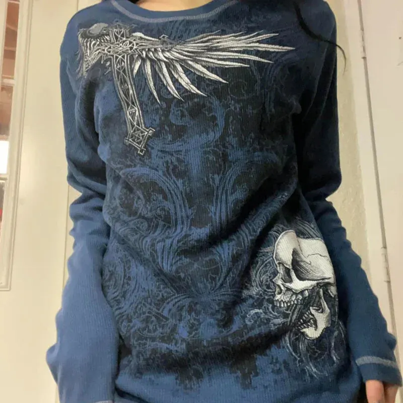 Maxct Mall Goth 2000s Retro Pullovers Tops Vintage Graphics Y2K Loose T Shirt Chic Aesthetic Autumn Long Sleeve Tees Grunge Streetwear