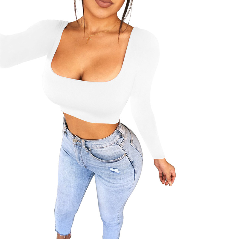 Maxct Spring Crop Top Long Sleeve Women Black Sexy Shirt White Square Neck Casual Tee Top Mujer Ladies