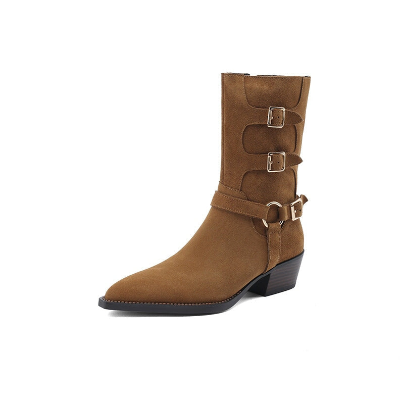 Womens Suede Mid Calf Boots 45mm Block Heel with Buckle Details Maxct