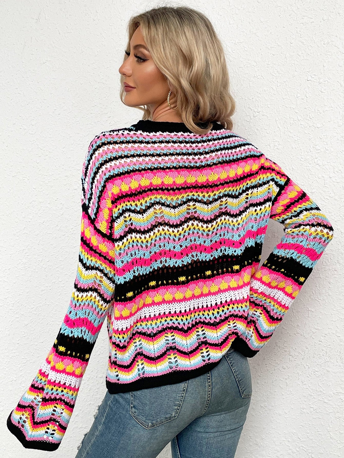Maxct &Rainbow Stripe Openwork Flare Sleeve Knit Top