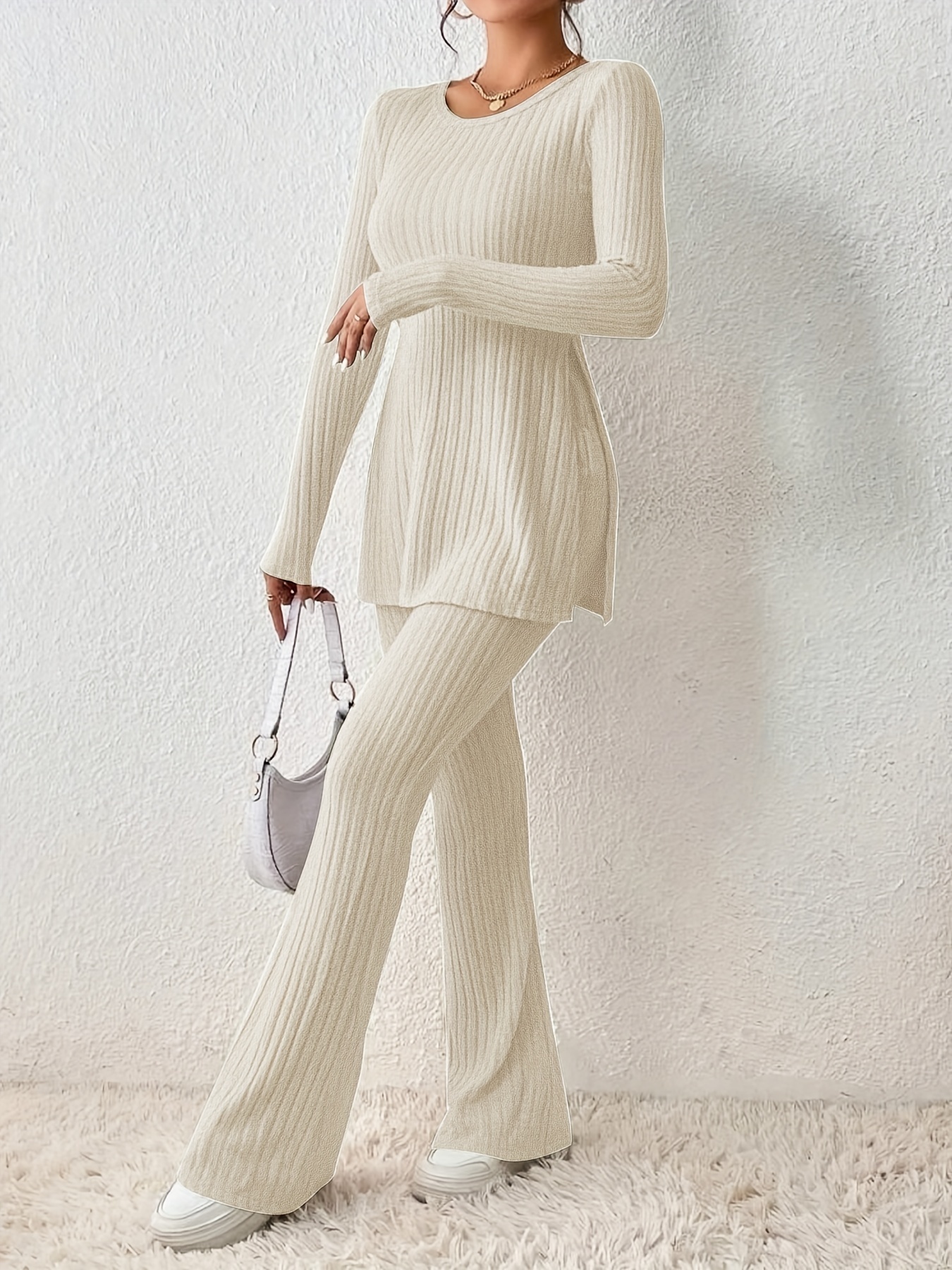 Solid Textured Two-piece Set, Long Sleeve Slit Long Length Top & Skinny Pants Outfits, Women's Clothing