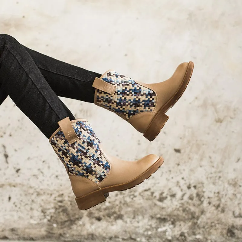 Woven Boots Mid Calf Color Blocking Design Cowgirl Boots Maxct