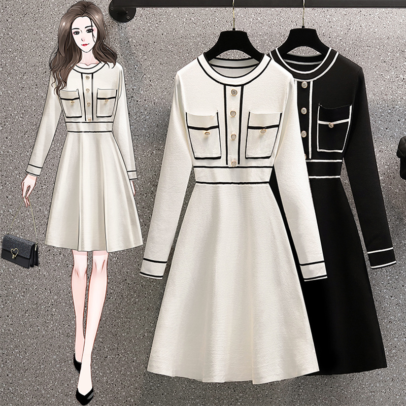Maxct Size Autumn Winter Striped Patchwork Knitted Dress Elegant Women O Neck Button Long Sleeve White Sweater Dresses 4XL