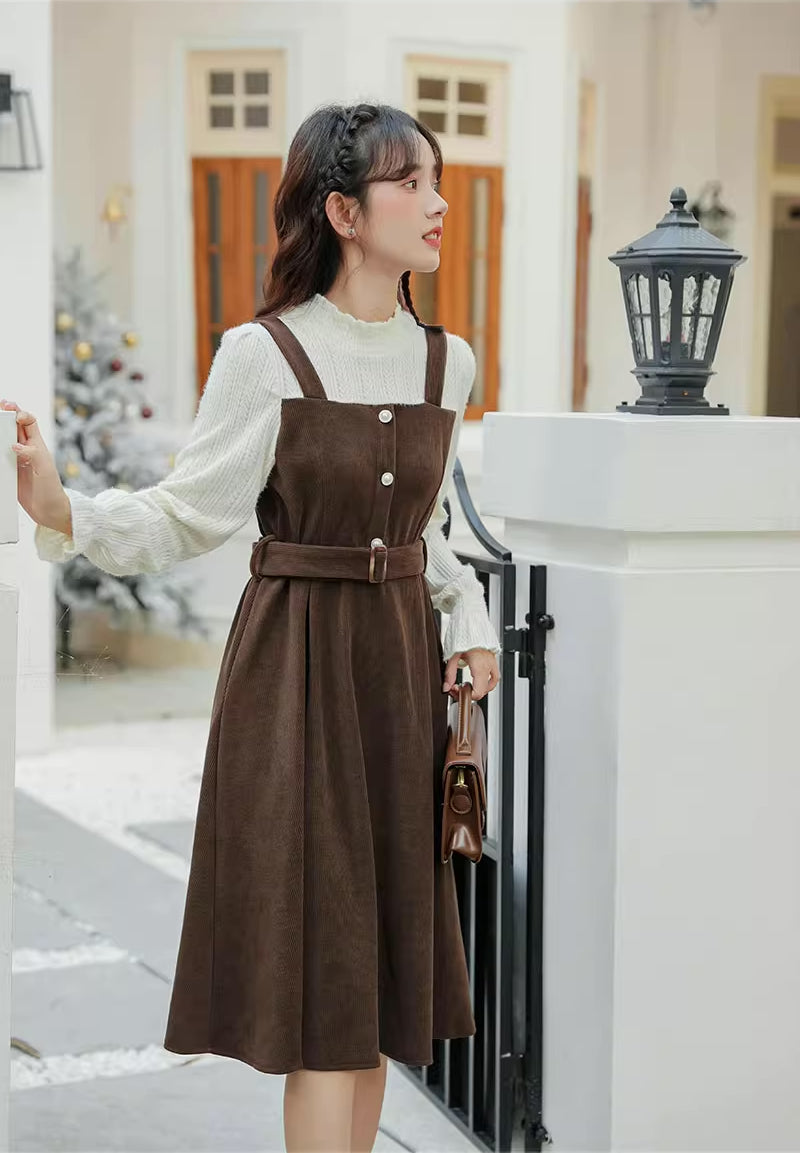 Corduroy Knit Belted Twofer Midi Dress Maxct