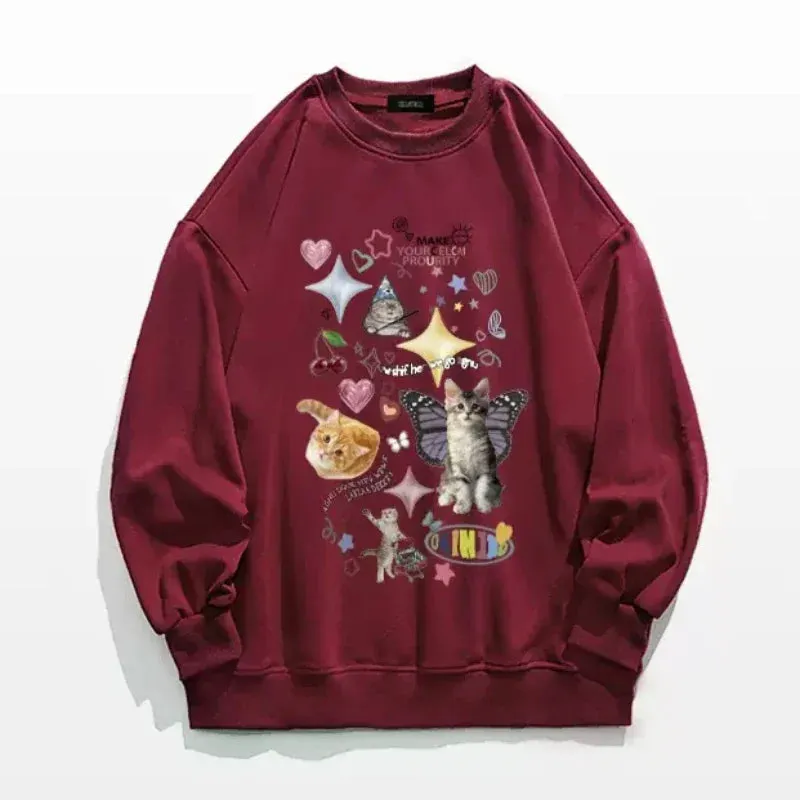 Maxct Kawaii Cat Print Hoodie Women Cutecore Long Sleeve Sweatshirt American Retro E-girl Kitten Angel Graphic Alt Clothes Y2k