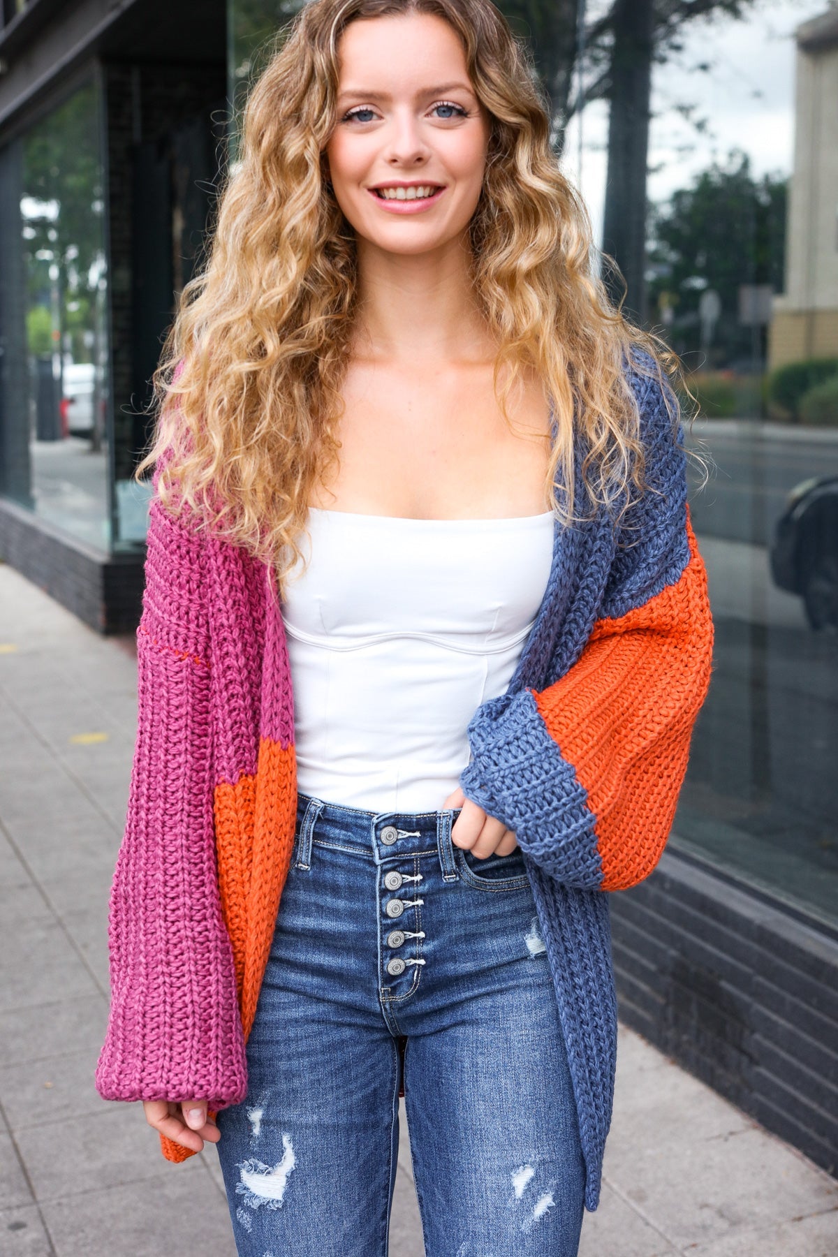 Maxct &Dazzle In Magenta & Navy Chunky Knit Color Block Cardigan