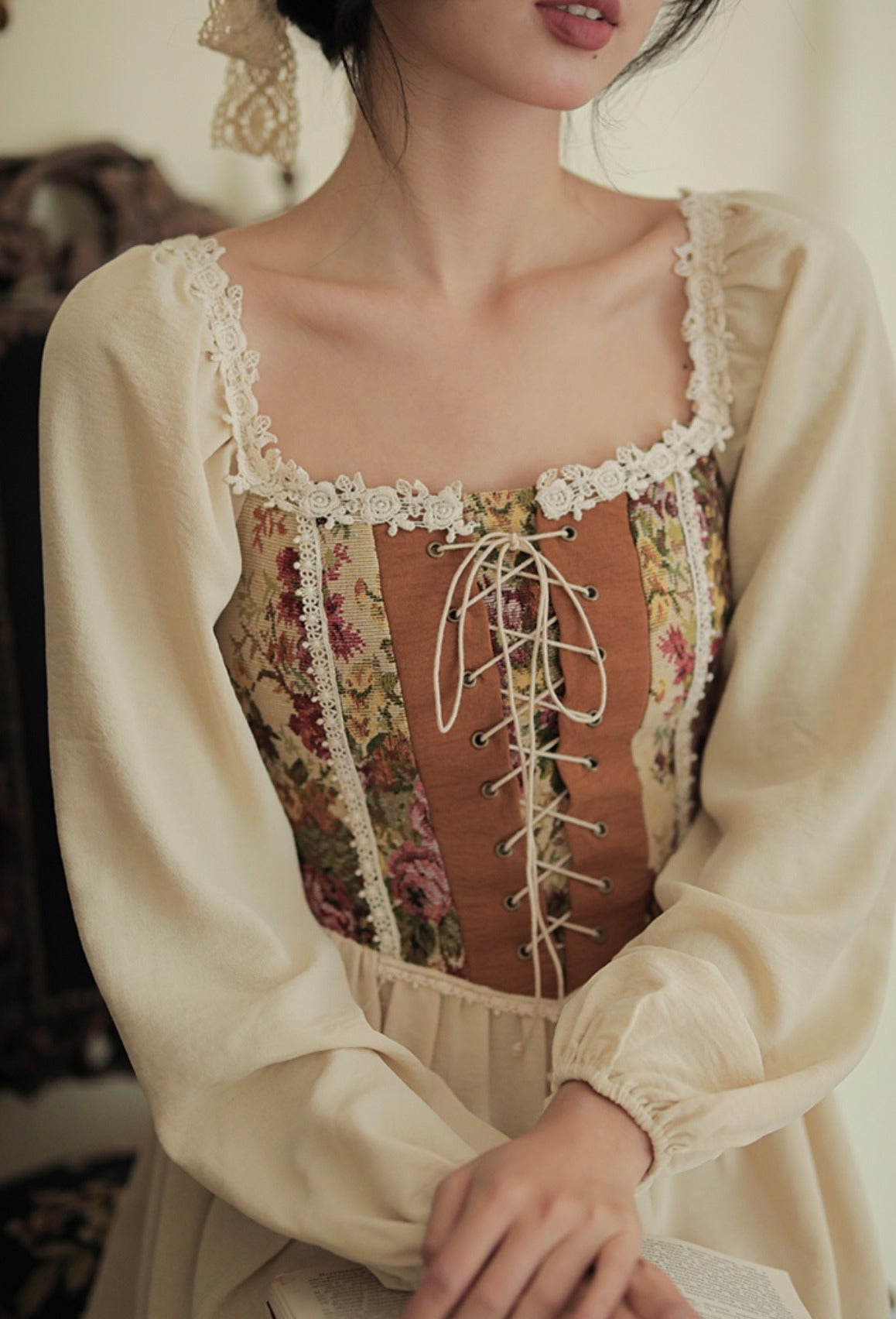 Rustic Rose Lace Up Corset Midi Dress Maxct