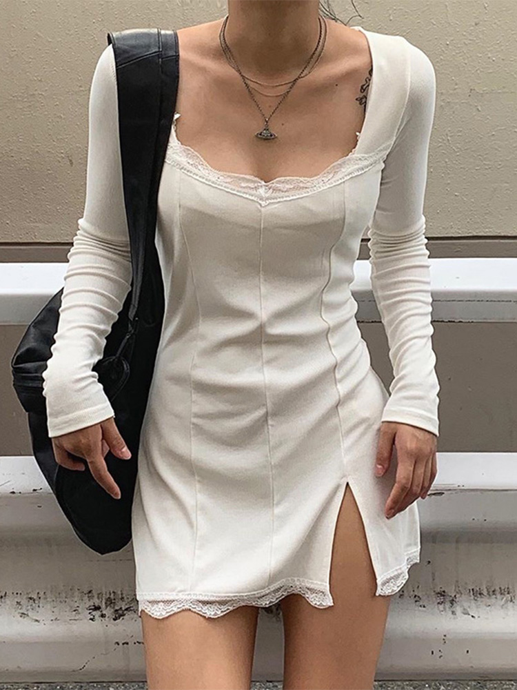 Maxct Autumn Spring Women Sexy Lace Patchwork Long Sleeve Split Dress Hip Package Mini Vestido Party Club Low Chest Outfits Cloth