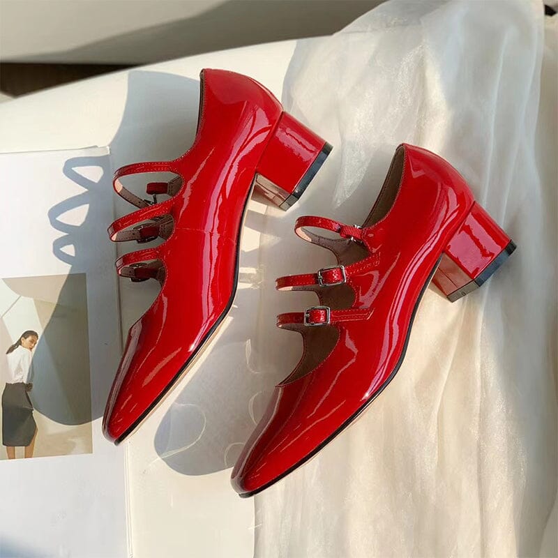Handmade Mary Jane Shoes 40mm Triple-strap Pumps Block Heel Maxct