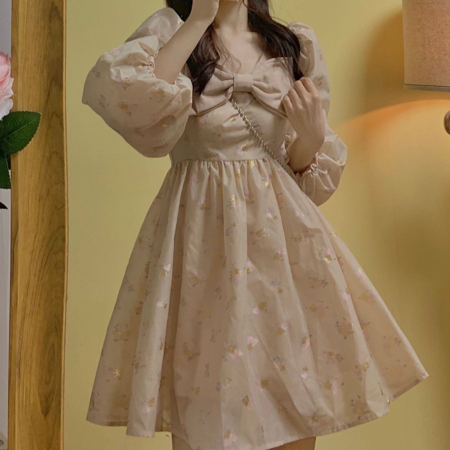 Puff Sleeve Bow Floral Jacquard Dress Maxct
