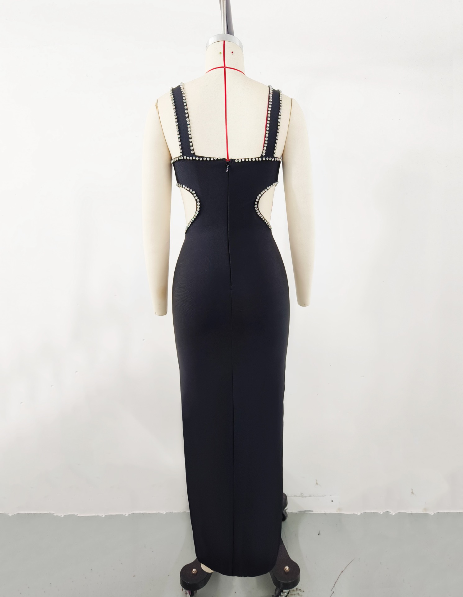 2023 Super Hot Summer Women's Wear Black Rhinestone Hollow Strap Long Dress