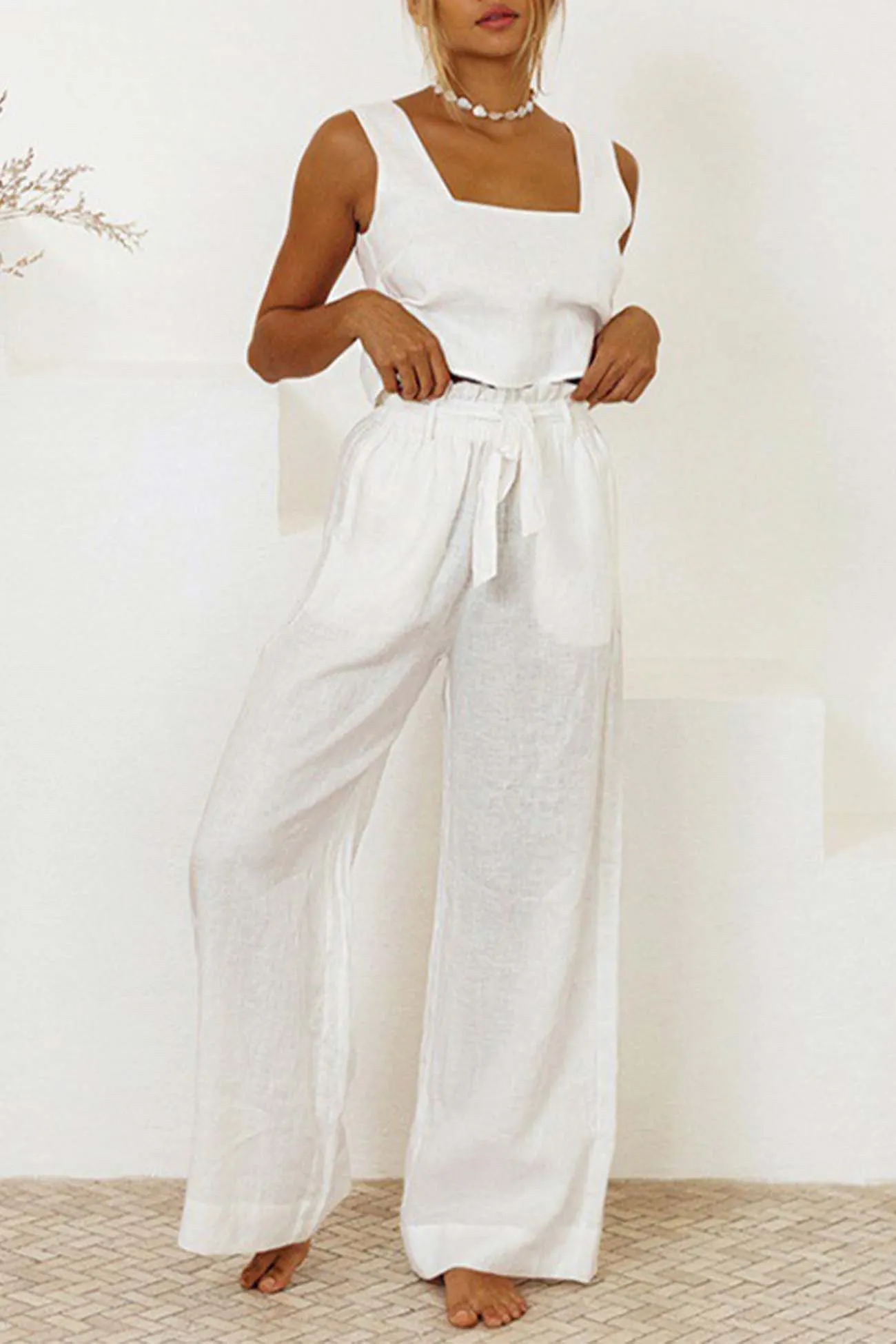 Maxct Cotton Waist-Tie Square Neck Pants Set