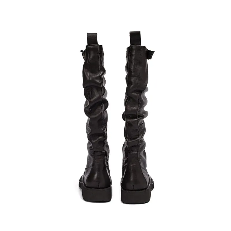 Waxing Knee High Boots Fold Design Riding Boots Buckle Boots Maxct