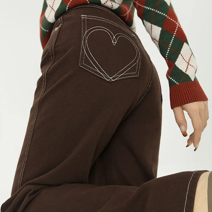 Heart Embroidery Brown Wide Jeans Maxct