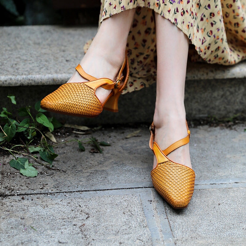Women's Woven Pumps Sandals Point Toe Kitten Heels Maxct