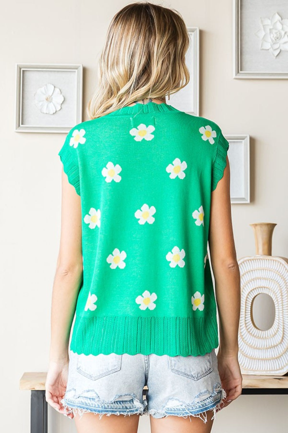 Maxct &First Love Full Size Flower Pattern Round Neck Sweater Vest