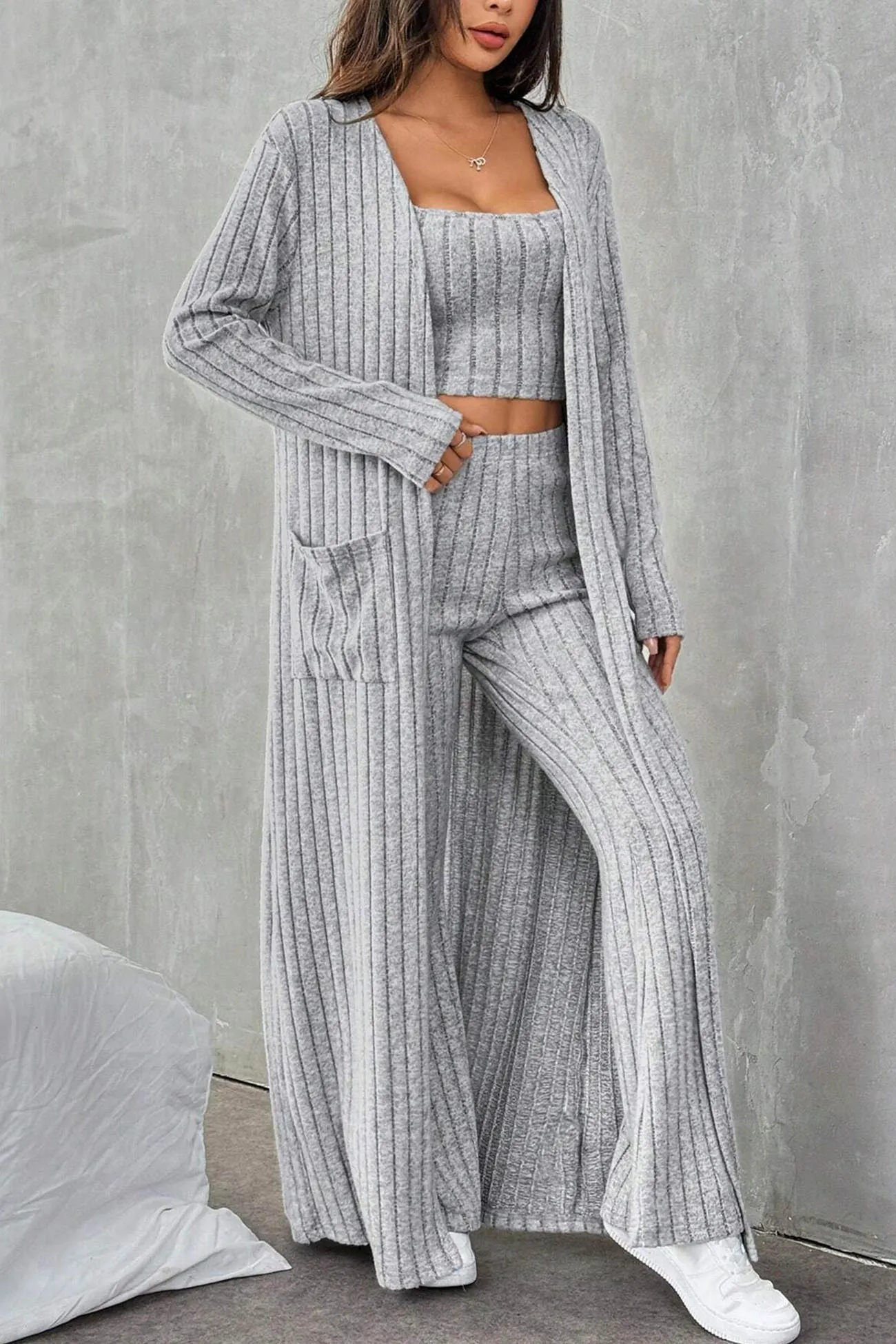 Maxct Grey Ribbed Knit Cardigan Three-piece Set