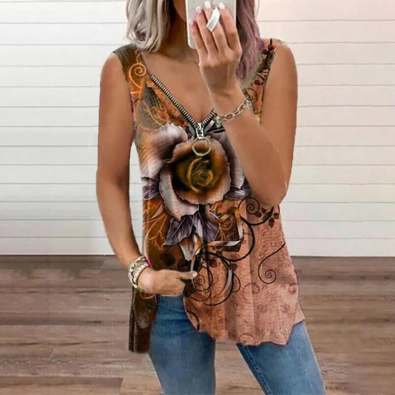 Maxct Women V Neck Zipper Sleeveless Top Summer Sexy Women Rose Printed T Shirt Fashion Loose Casual Plus Size Shirts F163