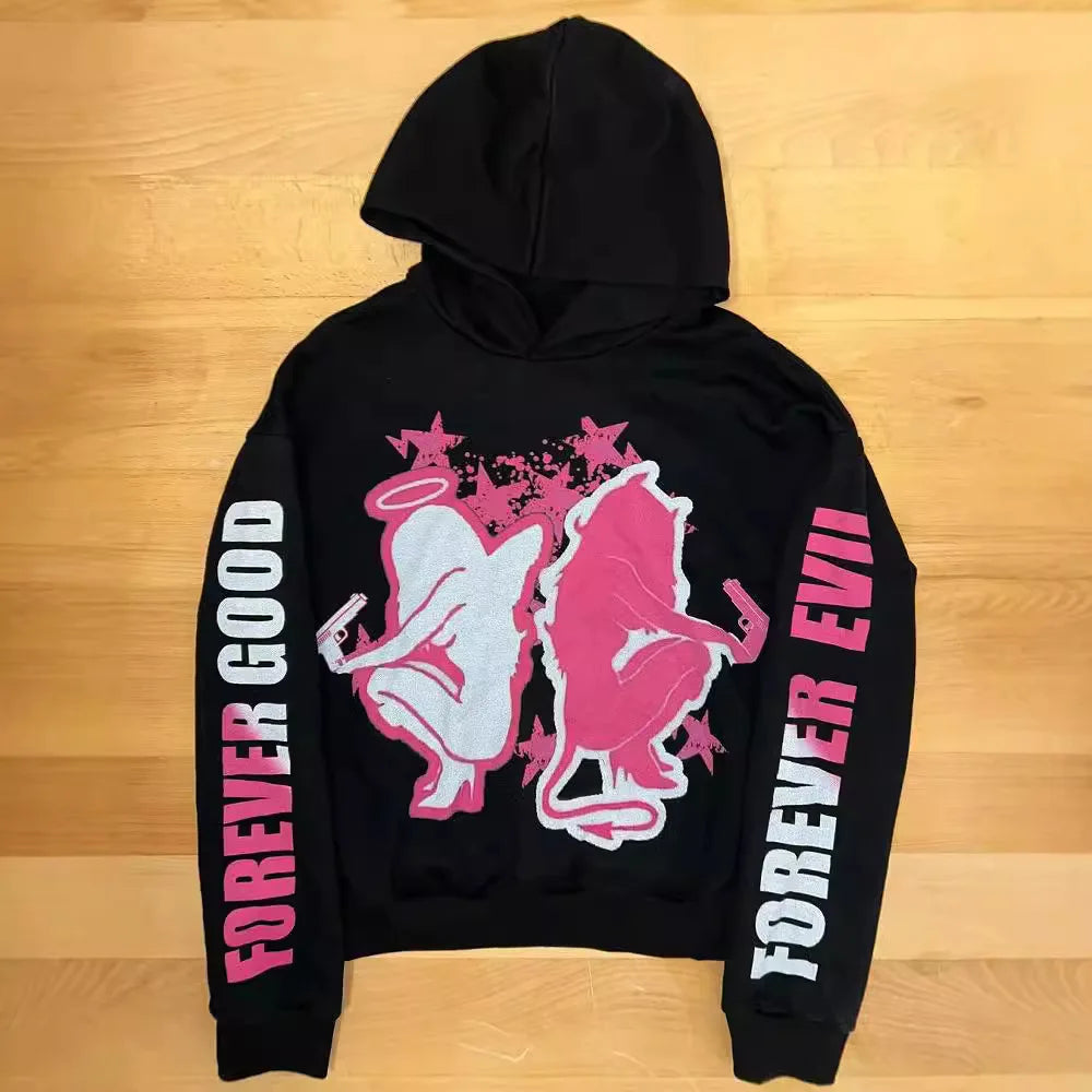 Maxct Y2k Long Sleeved Pullover Hoodie Sweatshirt Dark High Street Oversized Streetwear Hip-Hop Punk Print Pattern Top Clothing Jacket