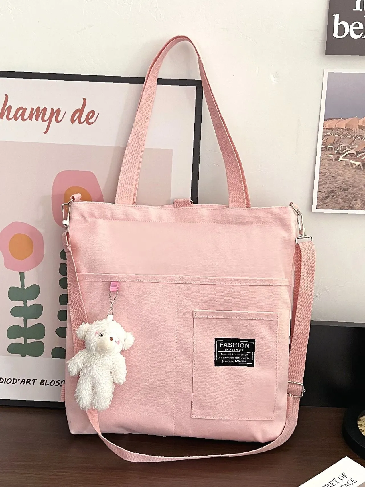 Maxct - Letter Graphic Shopper Bag with Bag Charm  - Women Tote Bags