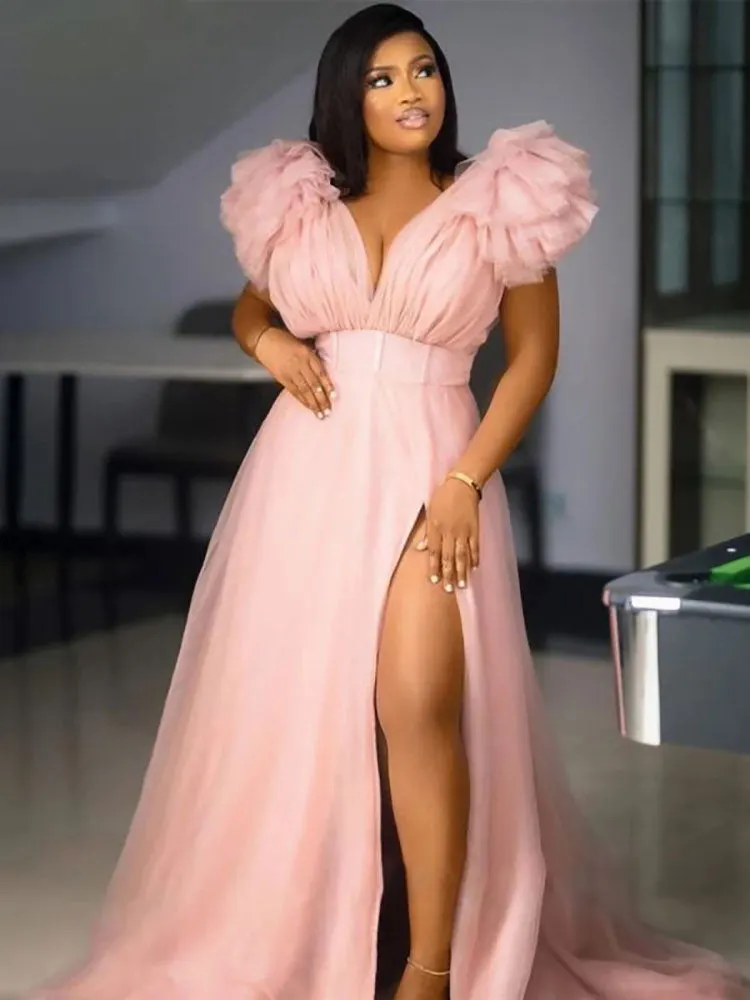 V Neck Tulle Ruffle Maxi Dress Maxct