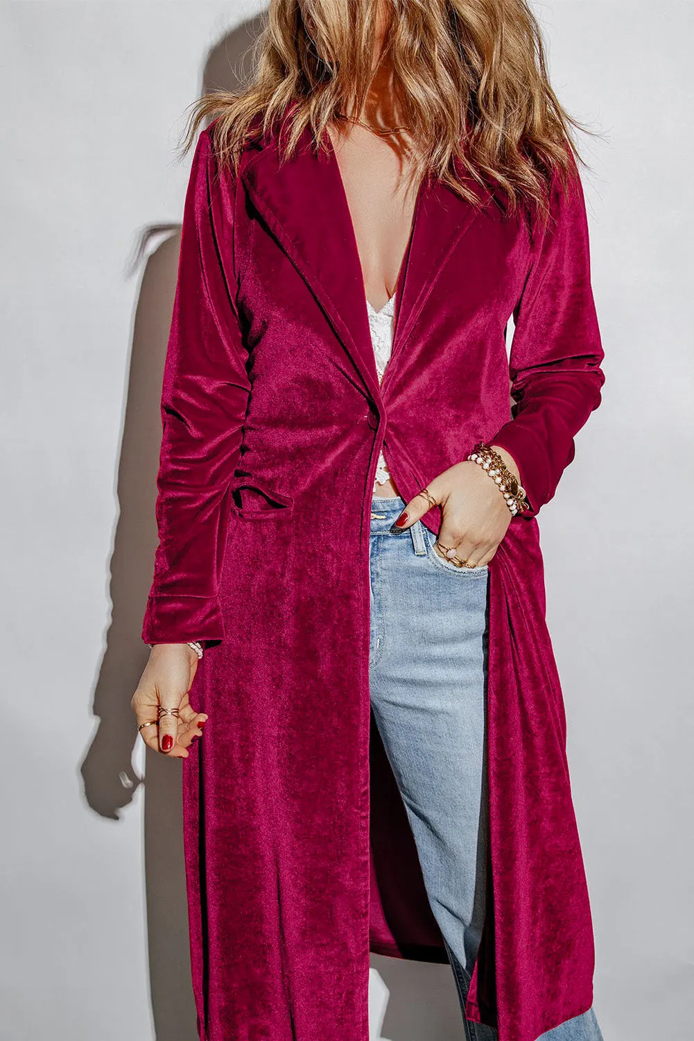 Maxct &Collared Neck Longline Velvet Cardigan with Pockets