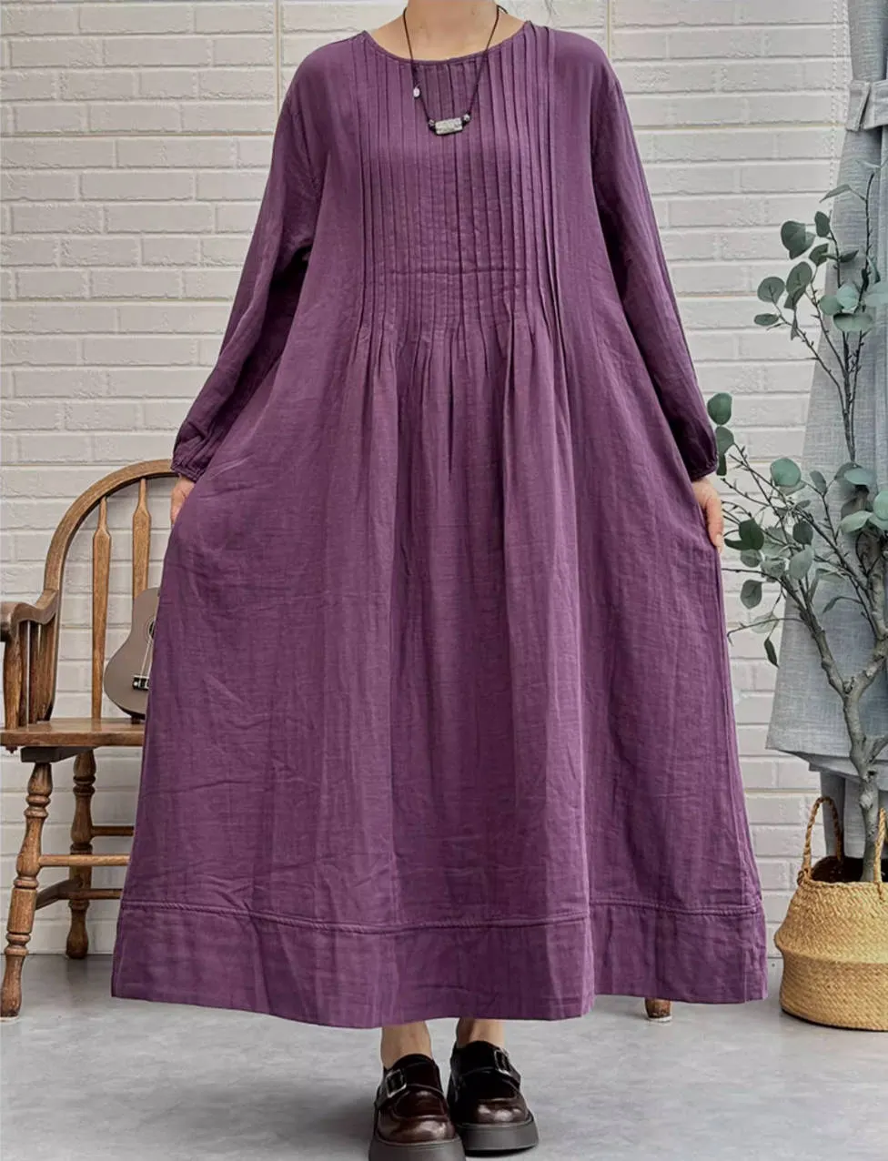 Solid Color Cotton Plus Size Loose Long Sleeves Dress