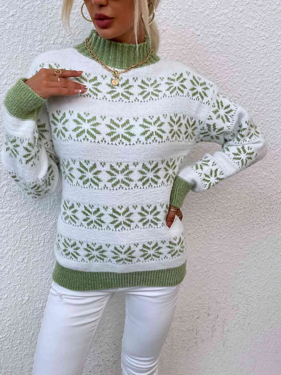 Maxct &Snowflake Pattern Mock Neck Sweater