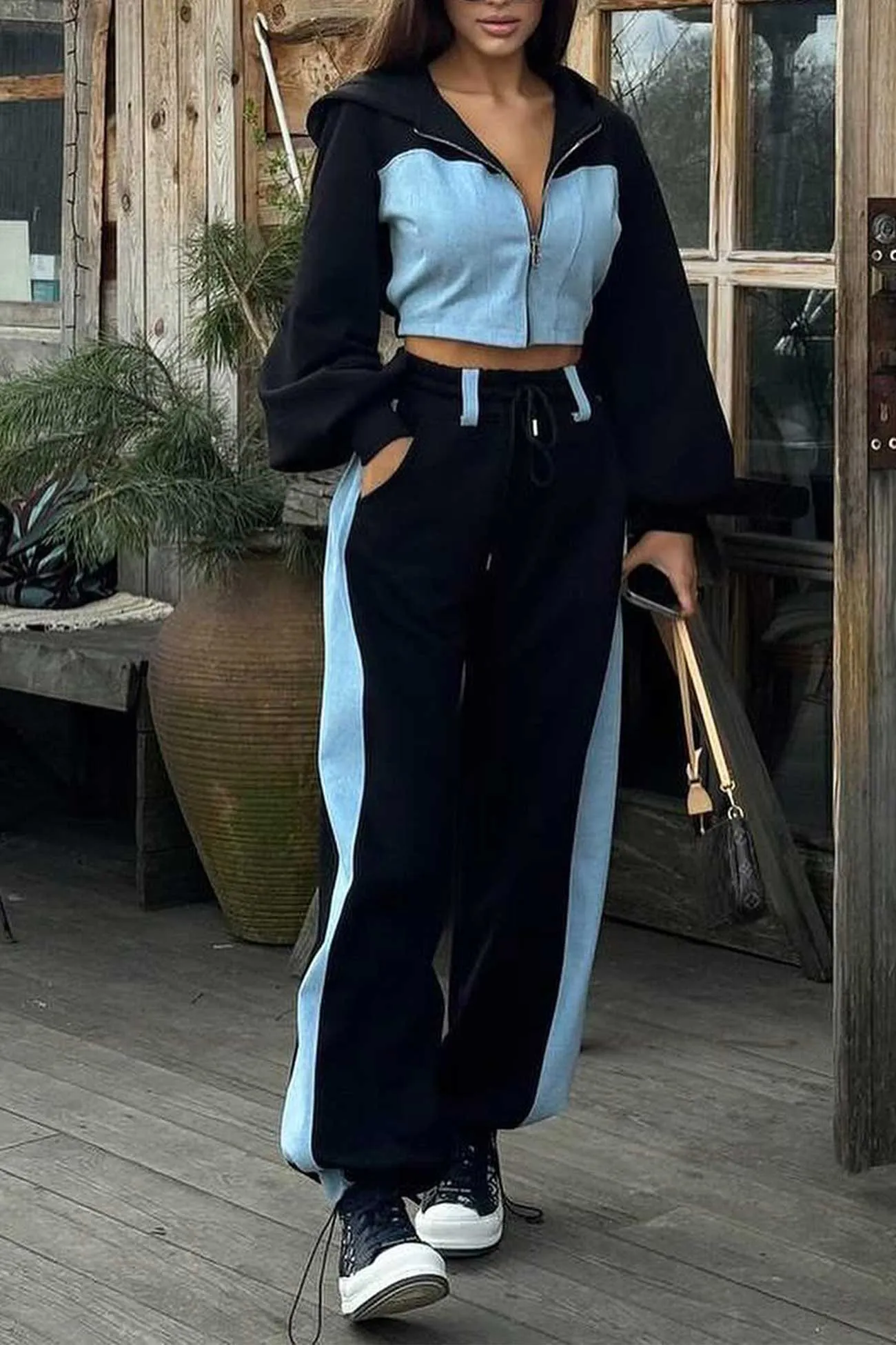 Maxct Patchwork Hooded Zipper Crop Top Pants Set