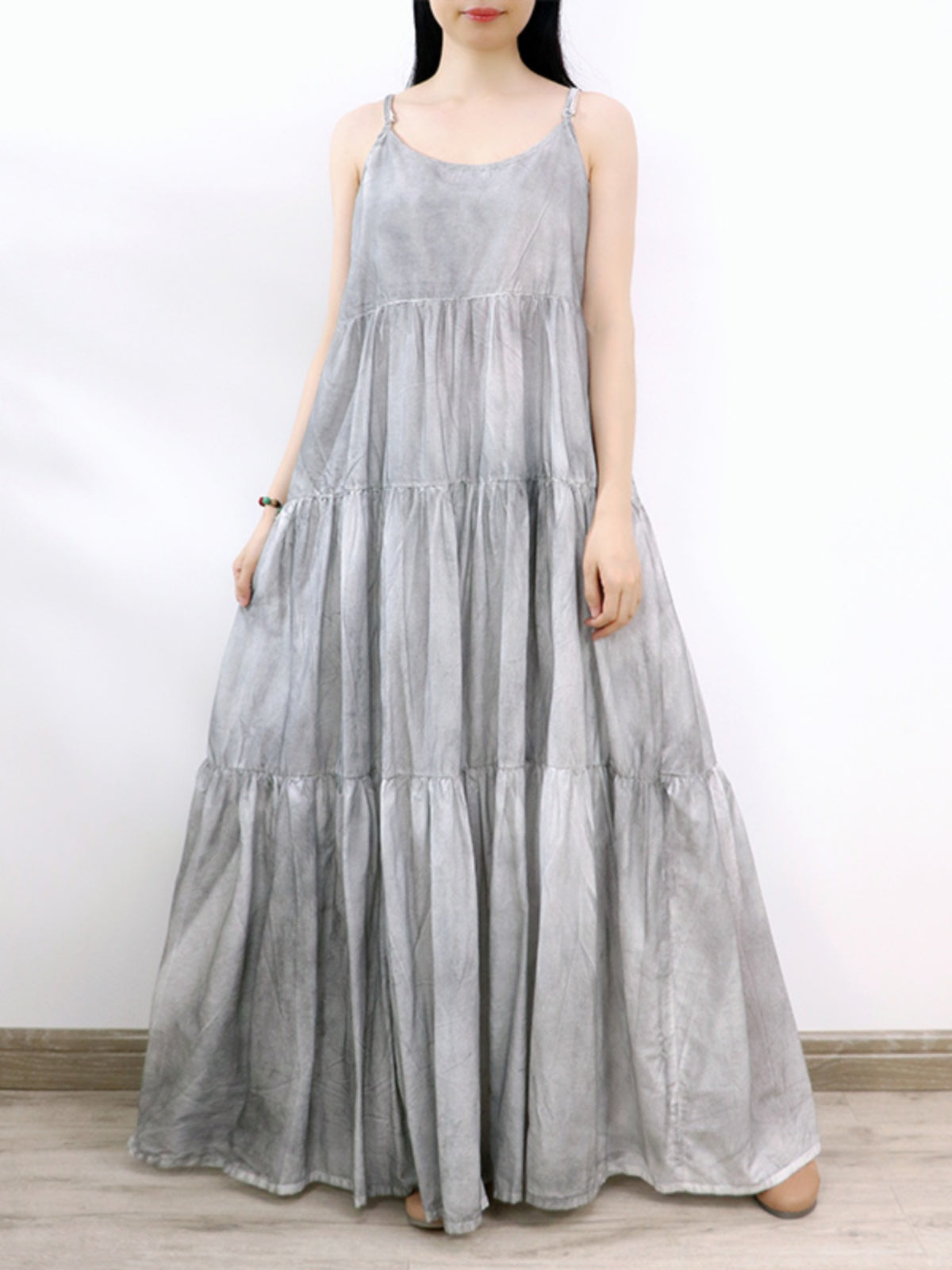 Maxct Summer Gray Tie-Dye Spaghetti Strap Wide Hemline Dress