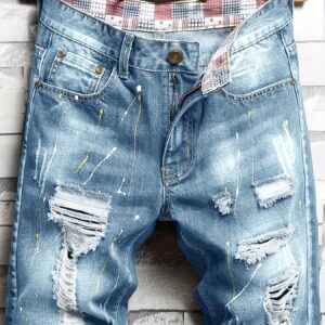 Maxct Men's Stylish Short Jeans, Casual Straight Distressed Fit Ripped Denim Shorts For Summer