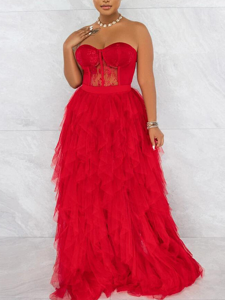 Lace Slit Tulle Dress Maxct